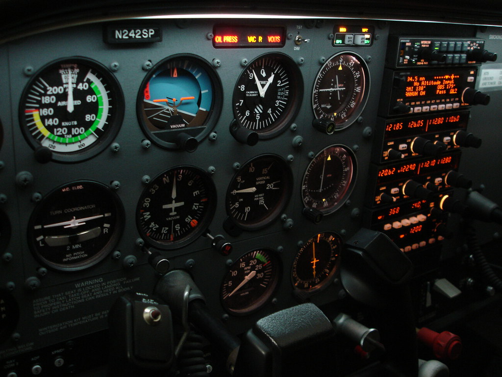 Detailed cockpit instrument panel of a training aircraft