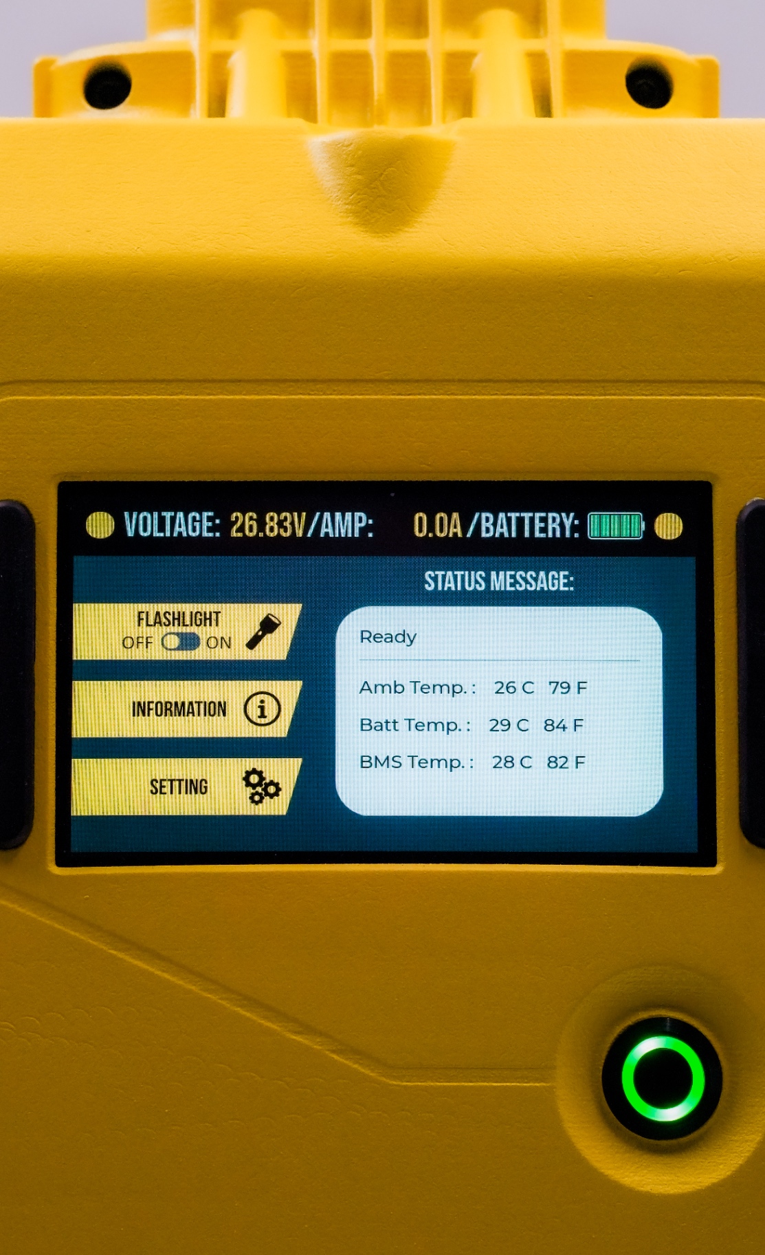 Aero-Jolt touchscreen battery management system showing voltage, amperage, battery state of charge and temperatures