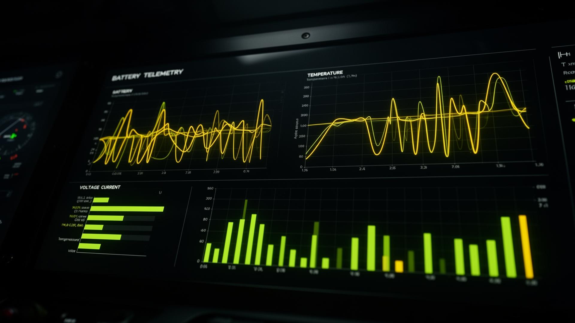 Cinematic battery telemetry data charts showing voltage, current, and temperature over time